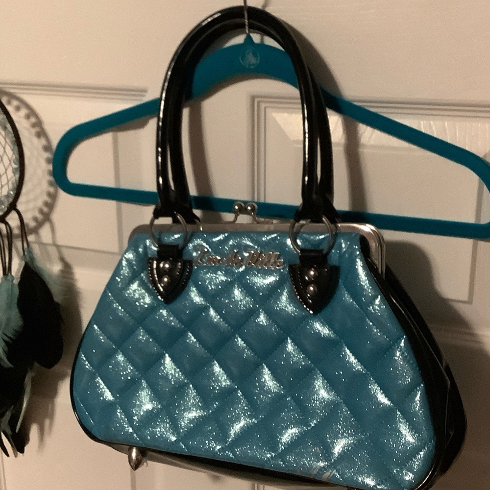 Lux de Ville Vintage Pinup Girl Quilted Blue Black Purse Kisslock Shoulder Bag